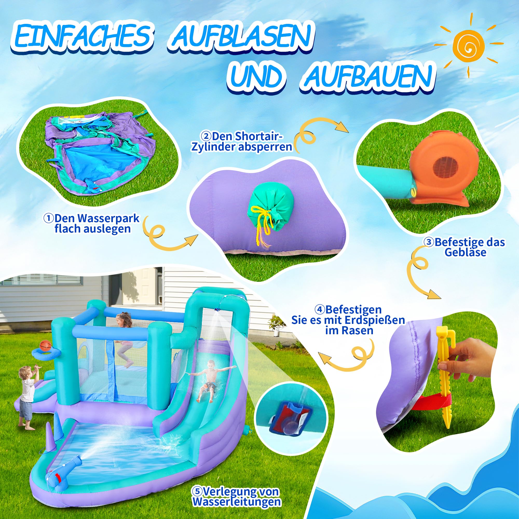 9-in-1 Hüpfburg mit Gebläse Aufblasbare Wasserrutsche mit Sprungburg Spritzbecken Kletterwand Basketballkorb Wasserpistolen Zielball und Ringwur Hüpfburg Kinder Hüpfburg Outdoor