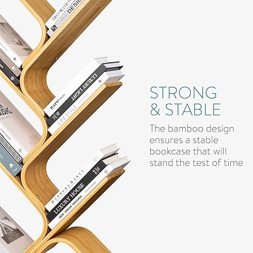 Miniatura 5 de Navaris Estantería de árbol curvada hecha de bambú doblado, moderna estantería de pie con 6 estantes, estante de 6 niveles para libros, CD, DVD