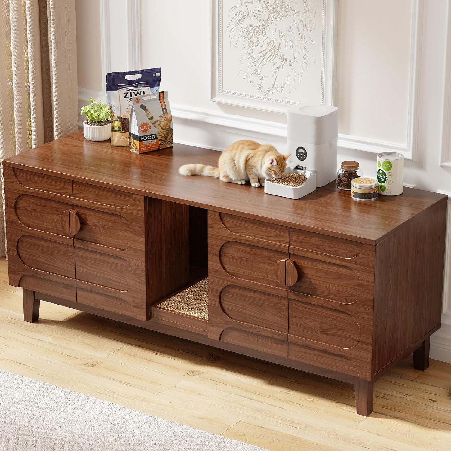ONBRILL 59" Cat Litter Box Enclosure Hidden Furniture Scratch Pad Double Room Walnut TV Stand
