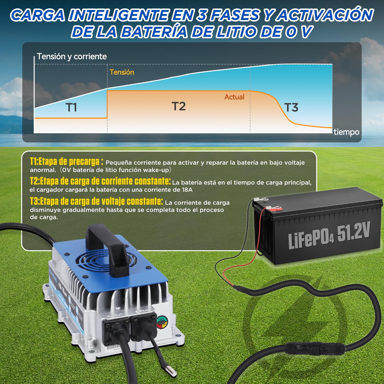 KAISAL Cargador de Batería Lifepo4 58.4V 18A, Cargador de Baterías Litio 48V (51.2V), Impermeable IP67, para Autocaravanas, Motores de Remolque, Carros, Barcos, Energía Solar