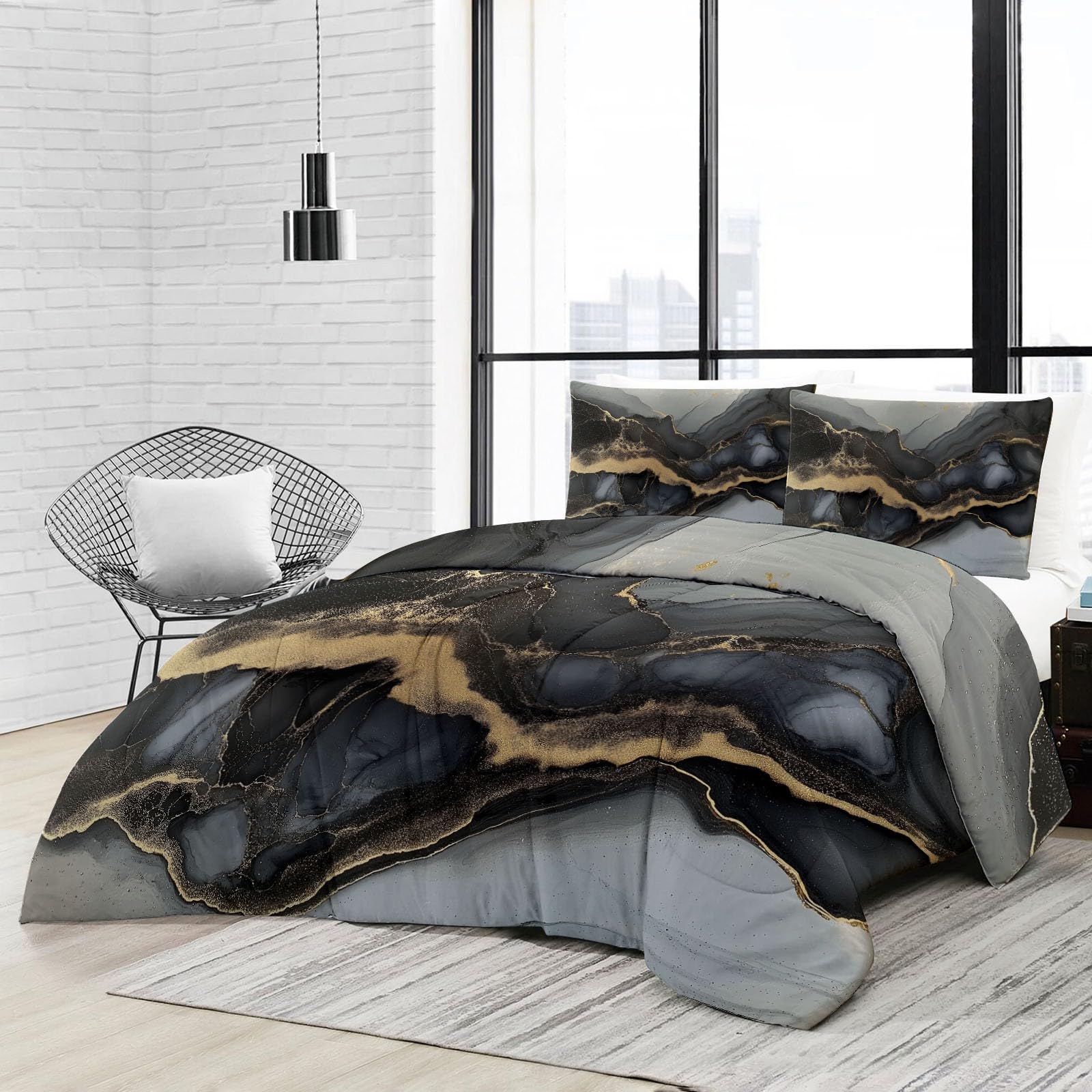 General Edredón Reversible para Todas Las Estaciones 220×240 cm - Sencillo Mármol Texturas Grueso y Suave, Relleno Alternativo de Plumón, Hipoalergénico, Ligero y Lavable a Máquina Gris Oscuro