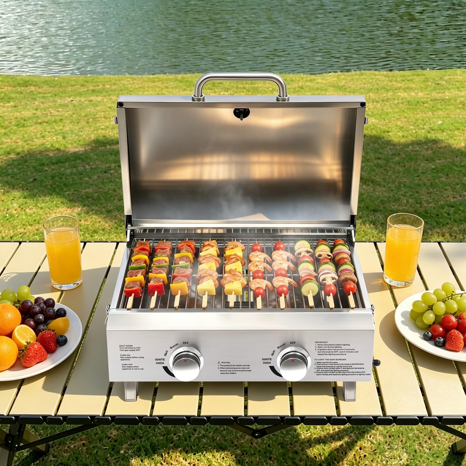 Grill gazowy ze stali nierdzewnej, podwójny palnik, stołowy grill gazowy na gaz LPG, idealny na taras, balkon, do ogrodu, na kemping i piknik