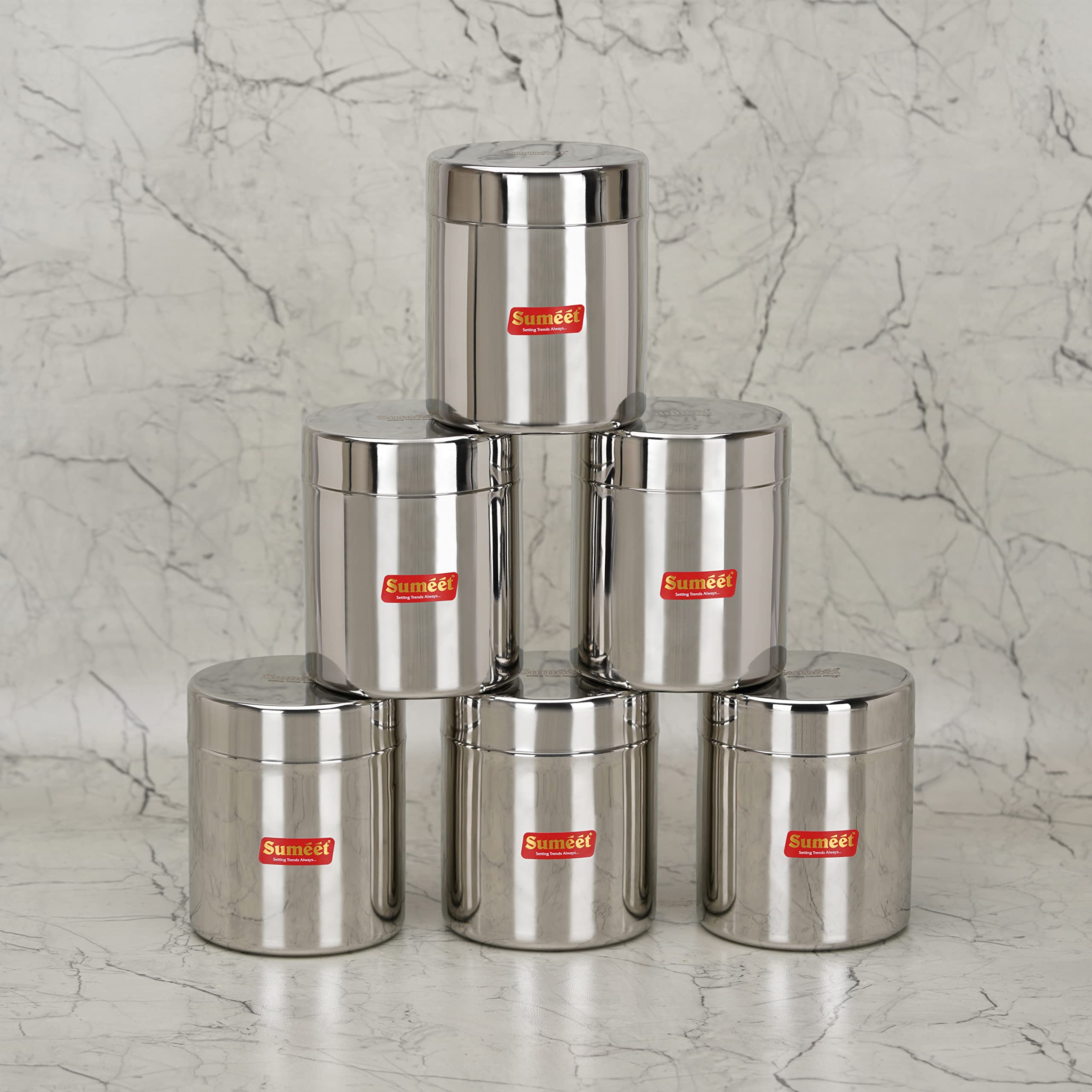 Sumeet Kleine Edelstahldosen/Gläser/Ubha Dabba/Vorratsdosen-Set mit 6 Stück, je 350 ml Fassungsvermögen, 7,5 cm Durchmesser, Silber