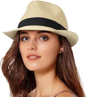 Womens Short Brim Straw Sun Hat Fedora Trilby Hat Panama Men Roll Up Packable Beach Hats