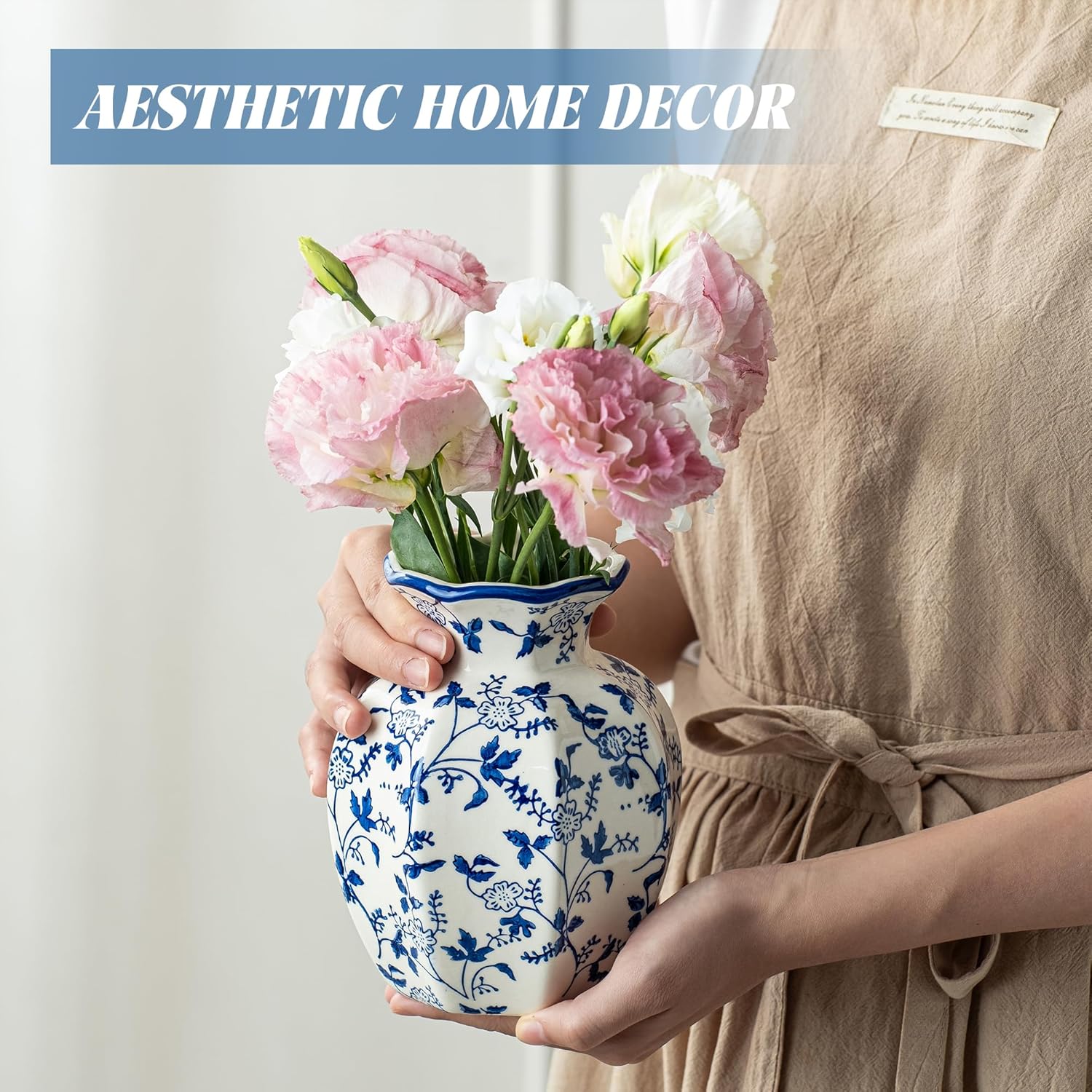 Small Blue and White Ceramic Vase, 6 Inch Vintage Chinoiserie Flower Vase Decorative Antique Vases for Home Decor, Rustic Porcelain Vase Farmhouse Shelf Table Centerpieces Decor - Image 5