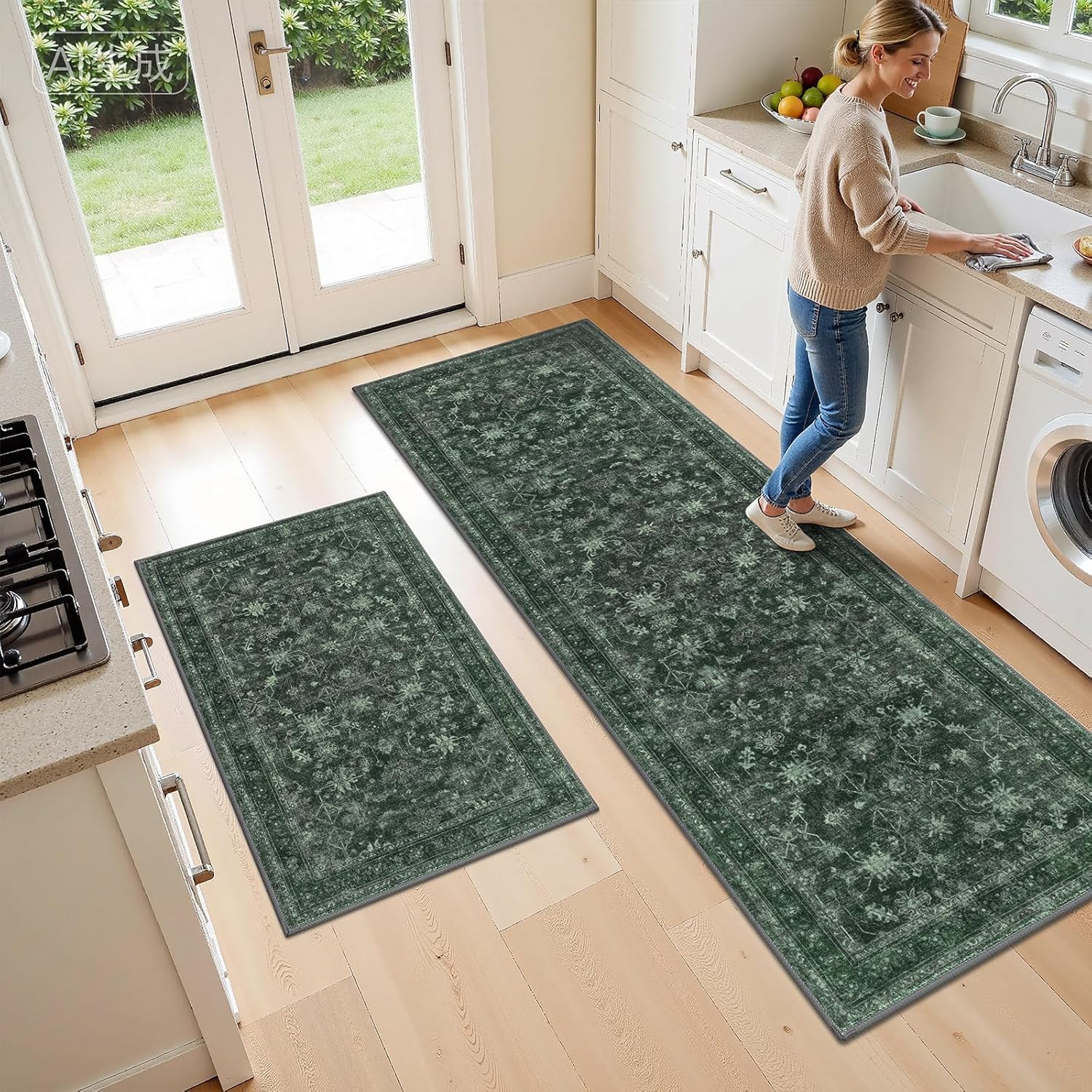 Ileading Kitchen Rugs Sets of 2 Non Slip, Washable Kitchen Mats for Floor with Rubber Bottom, Farmhouse Kitchen Carpet Runner Set for Office, Sink, Laundry, Green