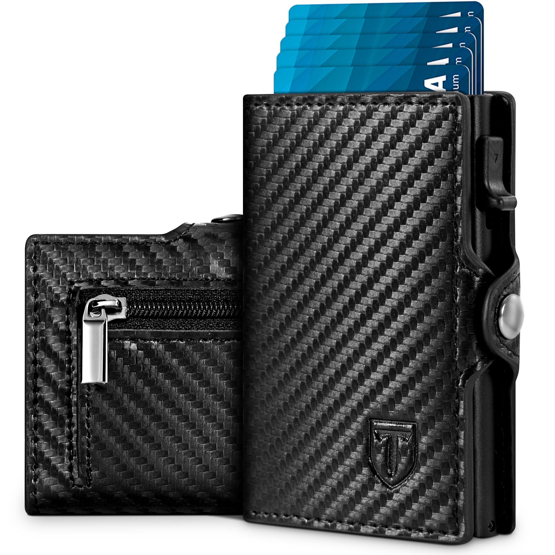Tomylv Portafoglio Uomo RFID Blocking, Portafoglio Uomo Slim Pelle in Fibra di Carbonio con 7 Porta Carte di Credito Uomo, Tasca con Cerniera, Chiusura con Bottone, con Confezione Regalo - Nero