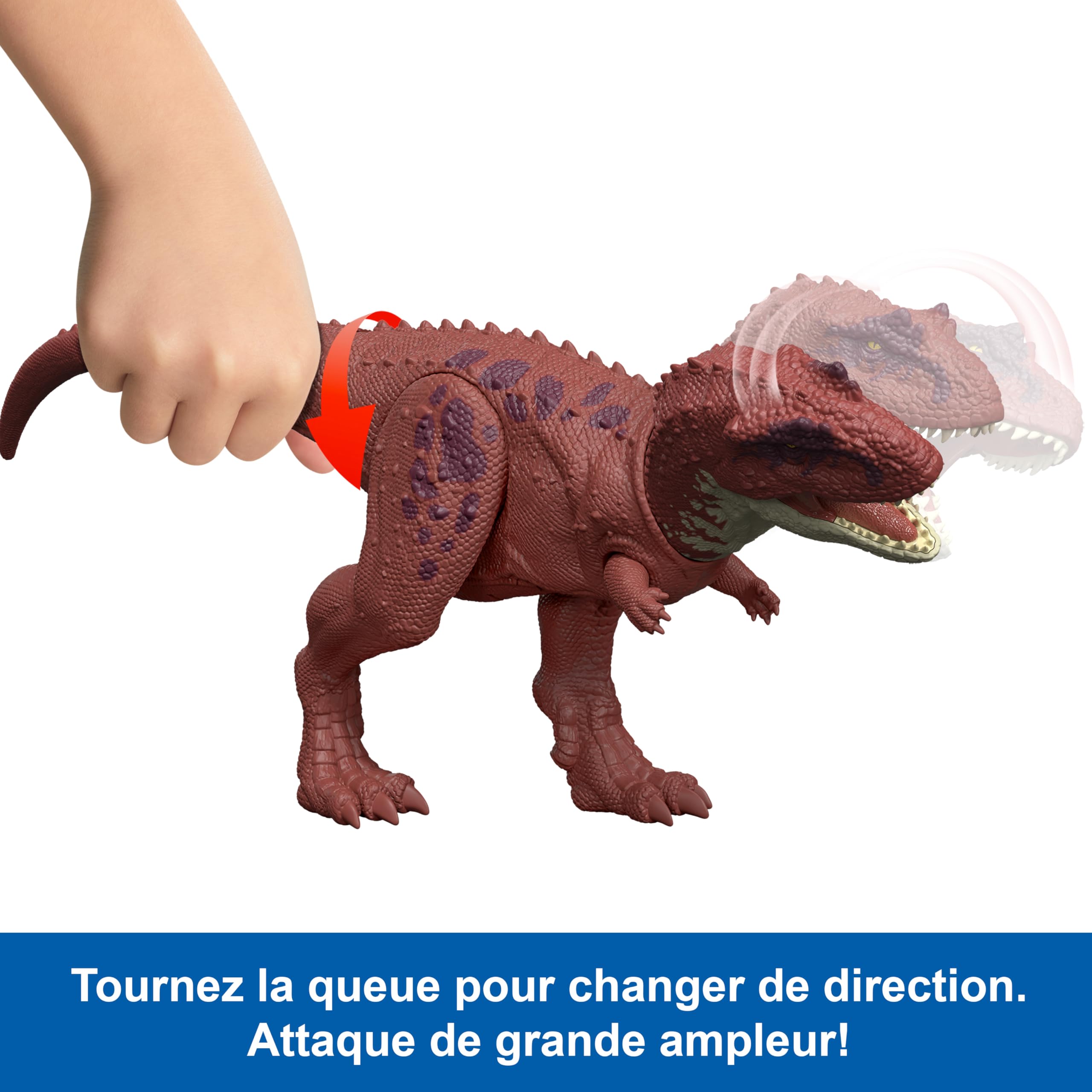 Mattel Jurassic World : Renaissance , Aucasaurus Rugissement féroce, dinosaure avec mouvement de mâchoire activé en bougeant la queue, attaque multidirectionnelle et son, jeu virtuel, JGB88