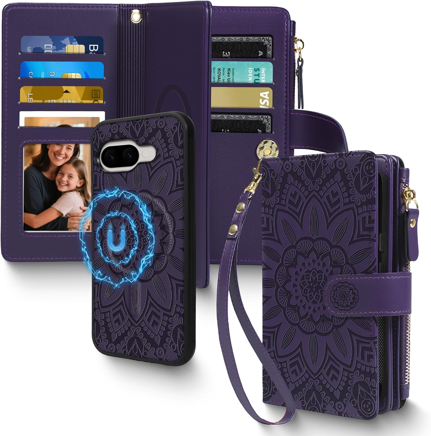 Harryshell 2 in 1 for Google Pixel 9A Wallet Case Magnetic Compatible with Magsafe RFID Blocking Card Holder Detachable Phone Cover Zipper Purse Kickstand Wrist Strap for Men Women Floral Purple