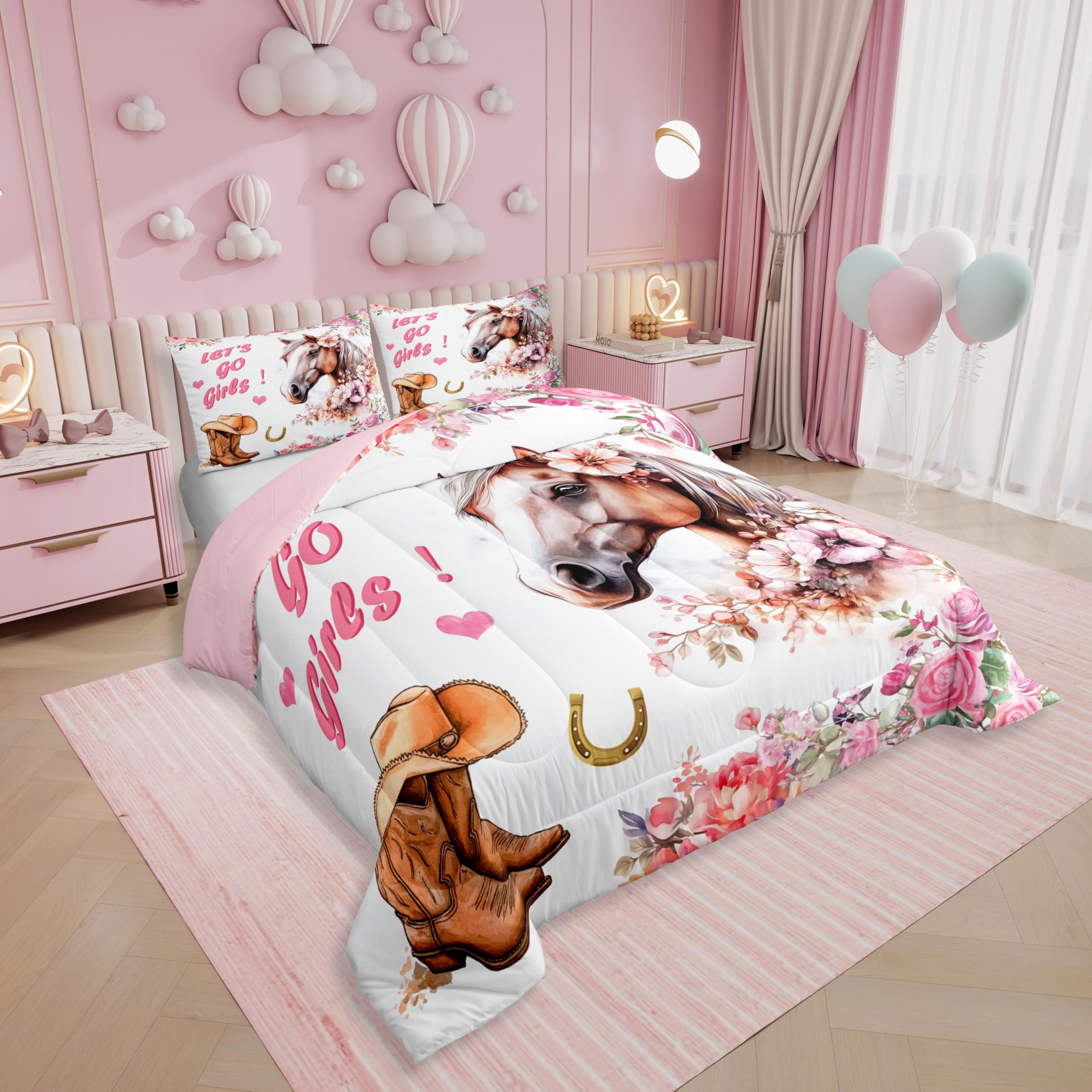 Erosebridal Juego de edredón de caballo, juego de ropa de cama con botas vaqueras occidentales para niñas y adolescentes, juego de cama de caballo de granja del salvaje oeste, decoración rústica de