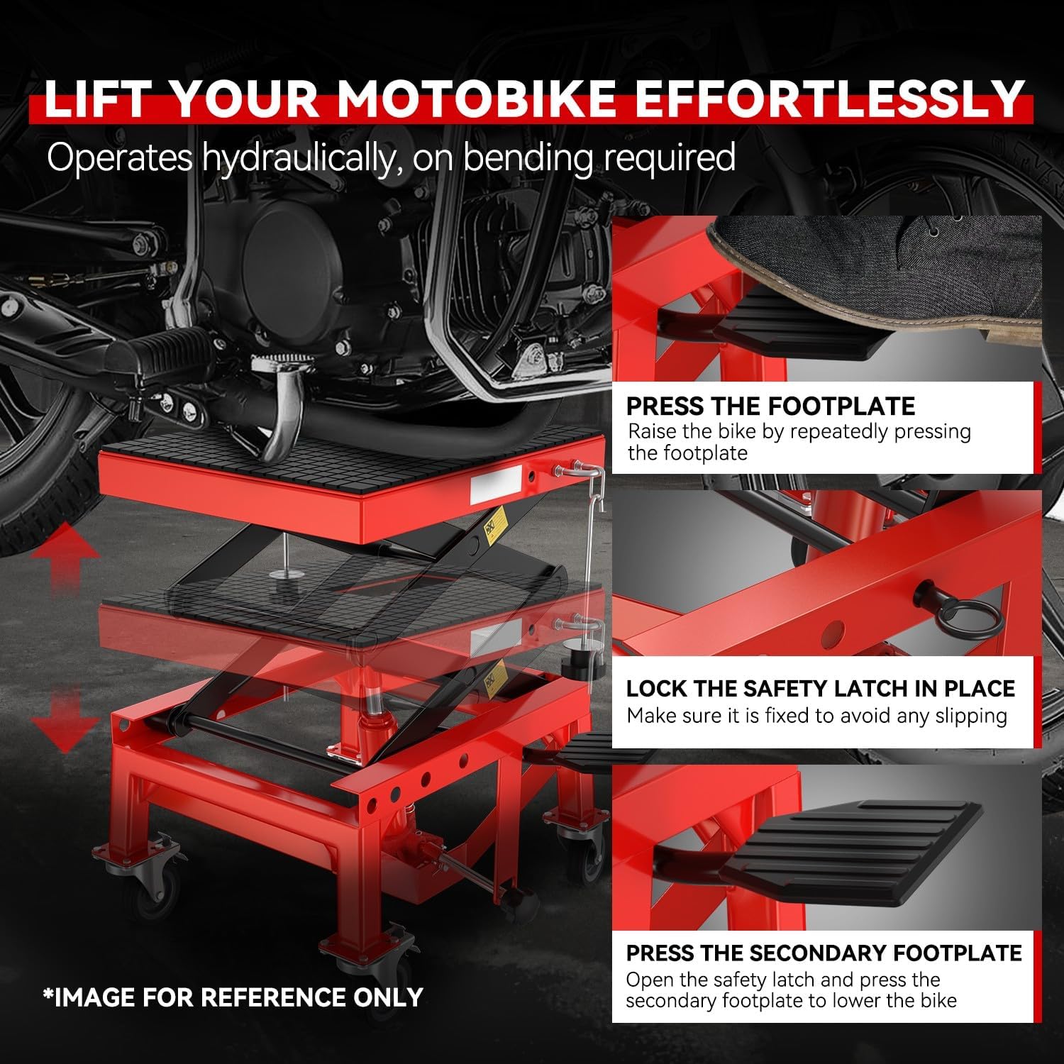 Auto Dynasty Heavy Duty Hydraulic Motorcycle Lift Jack Table Bike ATV Motorcycle Bike Foot Operated Scissor Stand Lifts Hoist, 300lbs Capacity, Lifting Range 13.7" to 34", Red