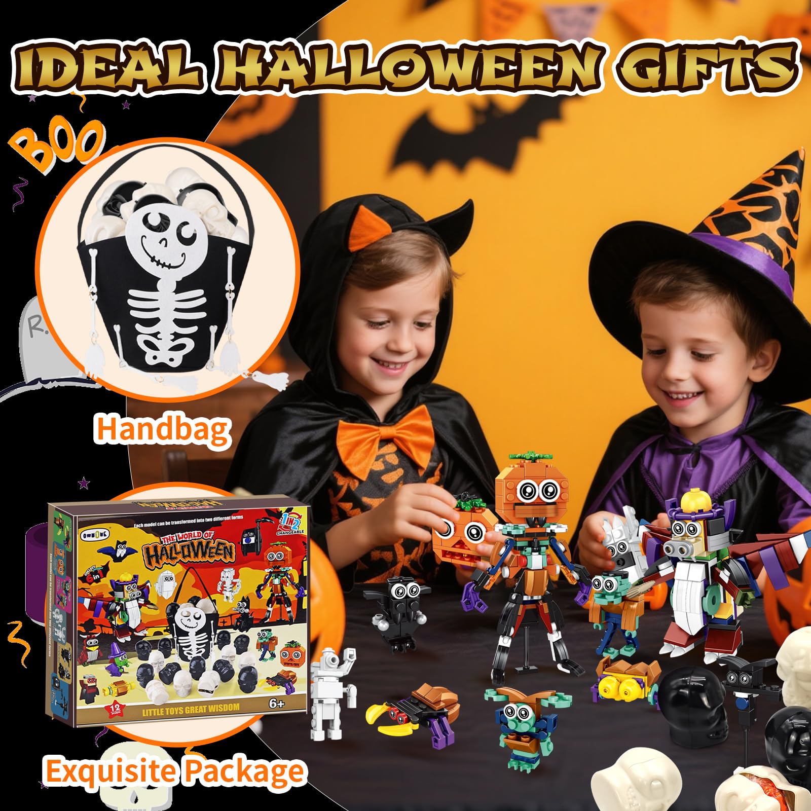Halloween Party Bag Fillers for Kids 12 Prefilled Skeleton Skulls with 12Pcs 2- in-1-Halloween Building Blocks Toys &1 Goodie Bag - Image 3