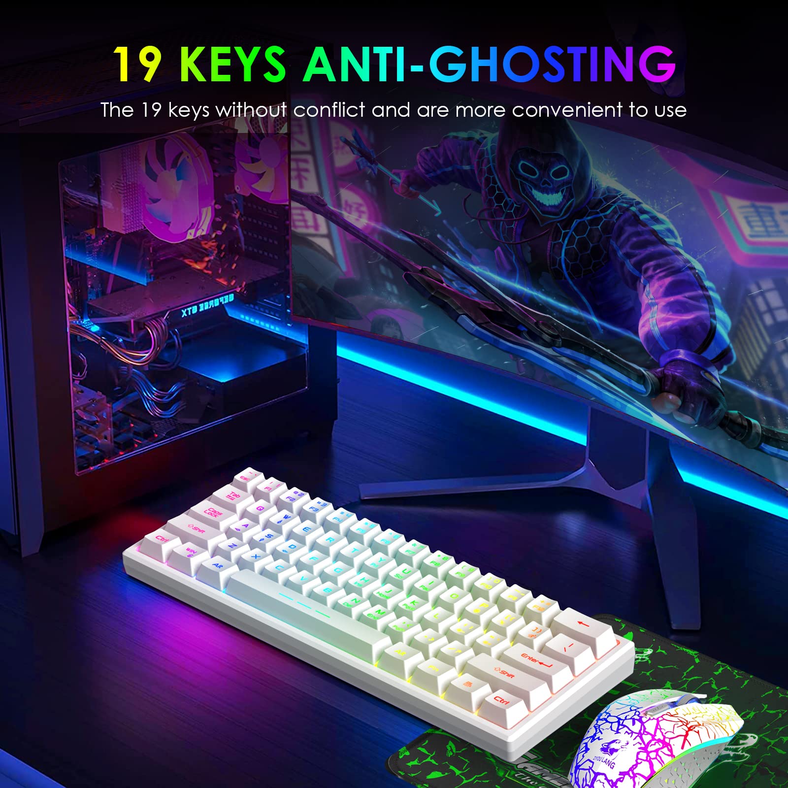 60% Kabellos Gaming Tastatur und Maus Combo Set 2,4 GHz Wiederaufladbare 3800 mAh 61 Tasten Kompakttastatur mit Rainbow LED Hintergrundbeleuchtung + 2400 DPI 6 Tasten Rainbow LED Silent Mouse (Weiß)