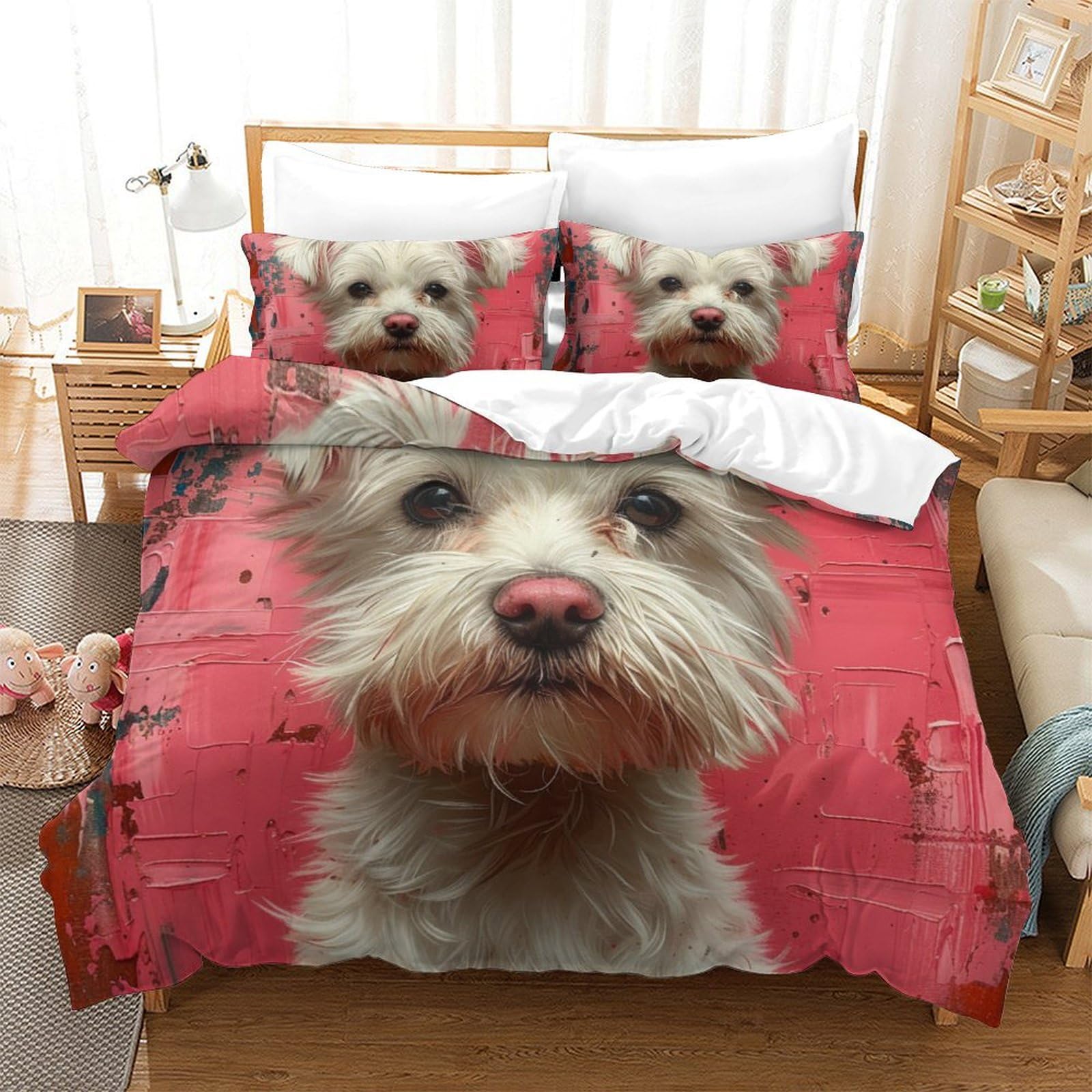 Parure de lit Chien Blanc 3D anti-plis en microfibre respirante pour lit Super King 260x220