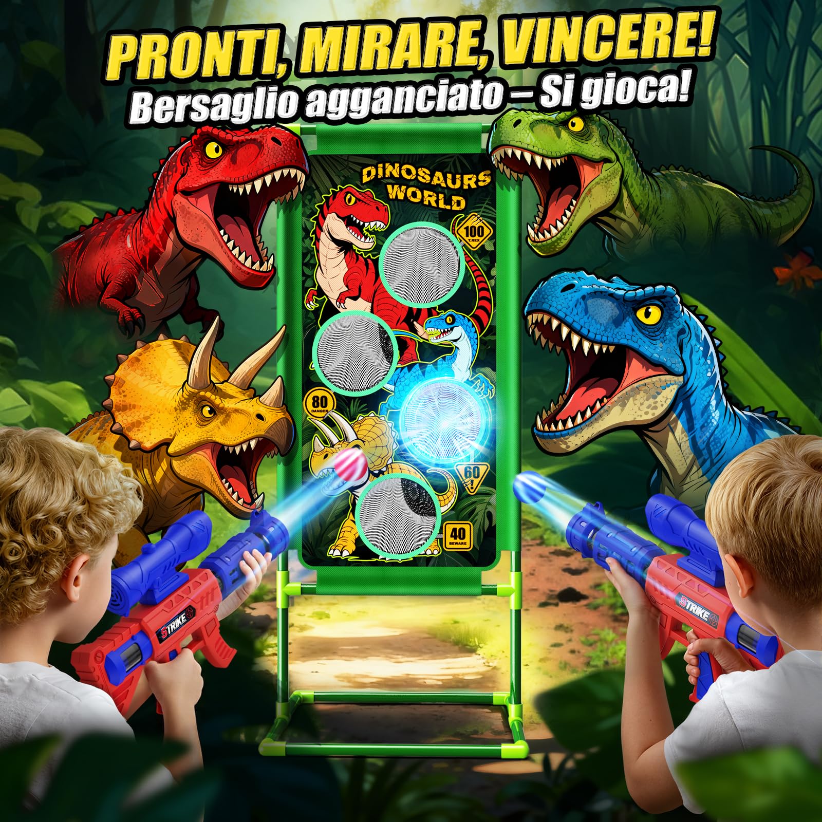 Giochi di Tiro al Bersaglio,Dinosauro Giocattolo per Bambini Gioco Regalo Giocattoli Regali Bambino Bambini Bimbo 3 4 5 6 7 9 10 11 12 Anni 2 Air Blaster con Mira, 4 Bersagli e 24 Palline di Schiuma