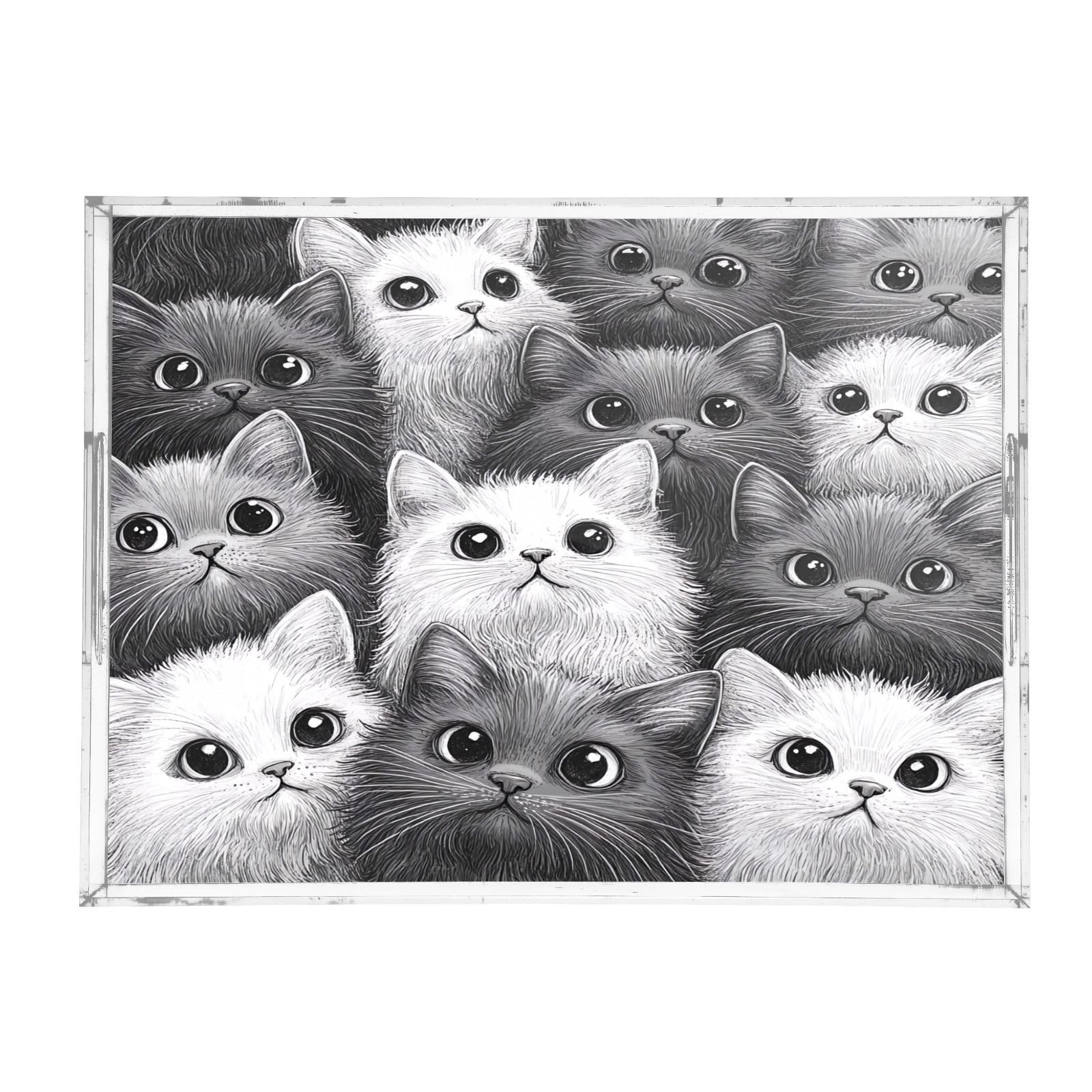 Msyxl Cute Cats Grey Serving Tray for Coffee Table, Decorative Acrylic Tray Cute Cats Grey Tray with with Handles for Breakfast, Ottoman, Countertop, 12x16 in