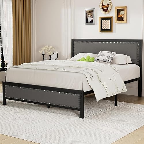 Miniatura 11 de VECELO Base de cama tamaño matrimonial con cabecera tapizada, plataforma resistente con listones de metal fuertes, no necesita somier, fácil Lino y