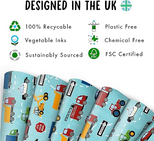 Miniatura 3 de CENTRAL 23 Papel de regalo para niños, 6 hojas de papel de regalo de cumpleaños, autos de policía, camiones y tractores, para niños, mate, reciclable