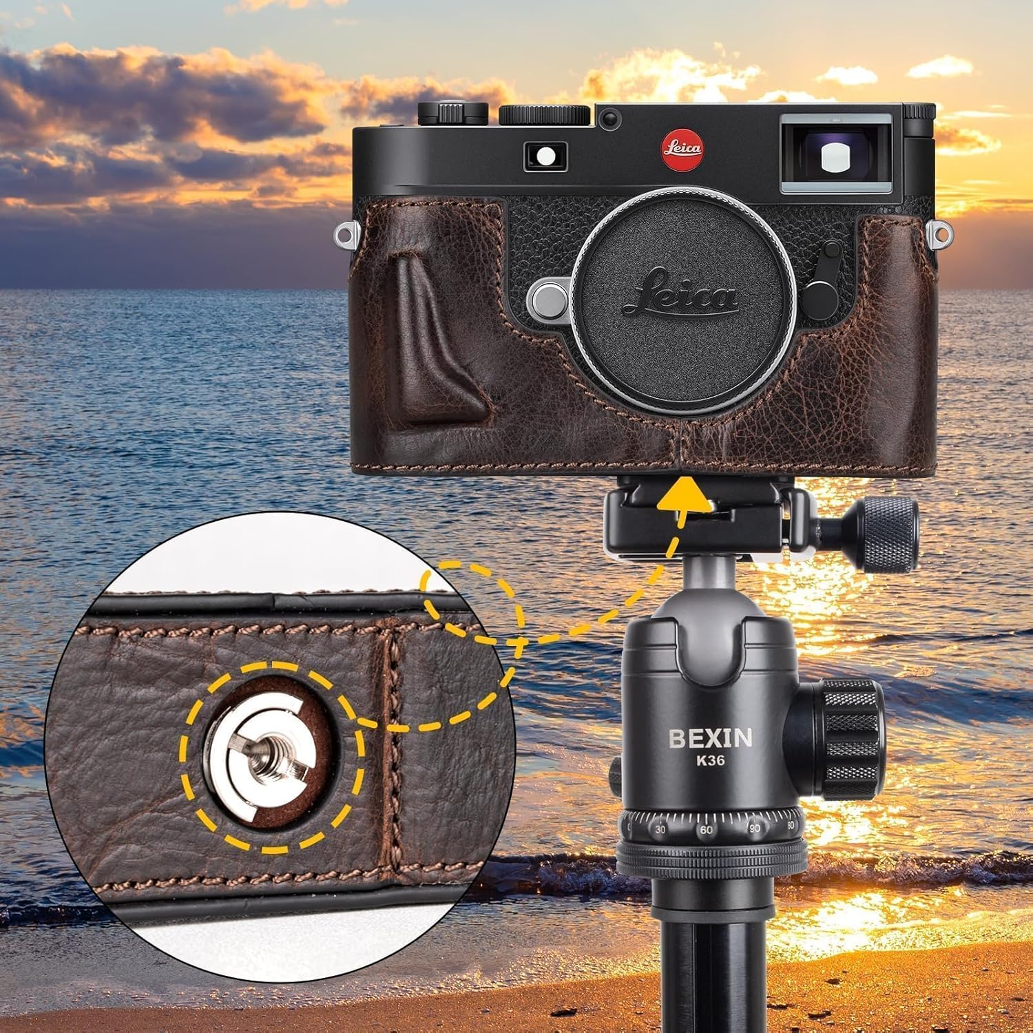 MUZIRI KINOKOO Case for Leica M11 M11-P M EV1, Premium Genuine Leather Protective Half Case for Leica M11/M11-P/M-EV1 Camera, with Hand Grip and Opening Bottom Design - Coffee