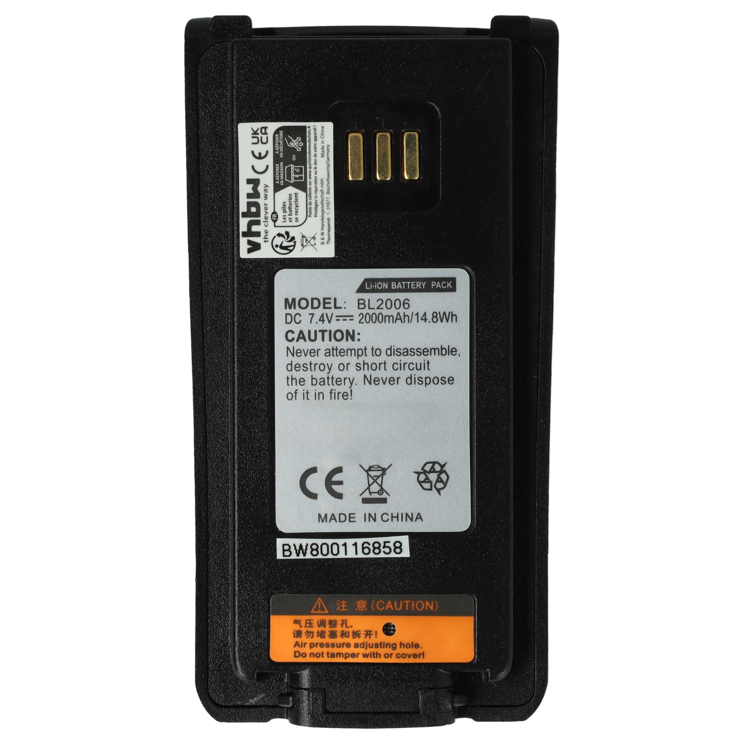 vhbw Batería reemplaza Hytera BL2503, BL2008, BL2006, BL3001 para Radio (2000 mAh, 7,4 V, Li-Ion)