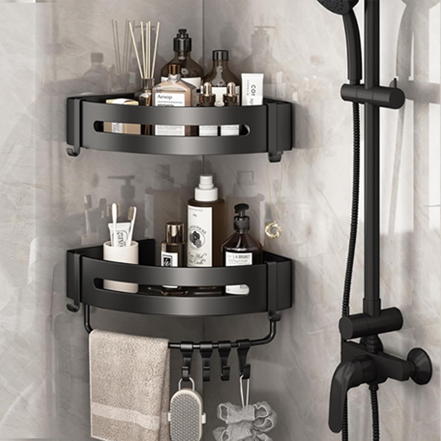 Corner Shower Caddy, SUS304 Stainless Steel Bathroom Organizer with Double Bar & 5 Hooks, Rustproof, Drill-Free Adhesive or Screw Installation, Gun Grey, 2-Pack