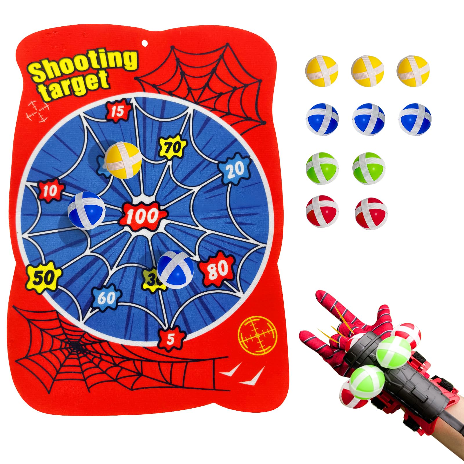 Dart Board for Kids, Spider Dartboards with 10 Velcro Sticky Balls and 1 Web Shooter, Spidy Indoor Outdoor Sport Fun Party Play Game Toys Birthday Gifts for 3-12 Years Old Boys and Girls