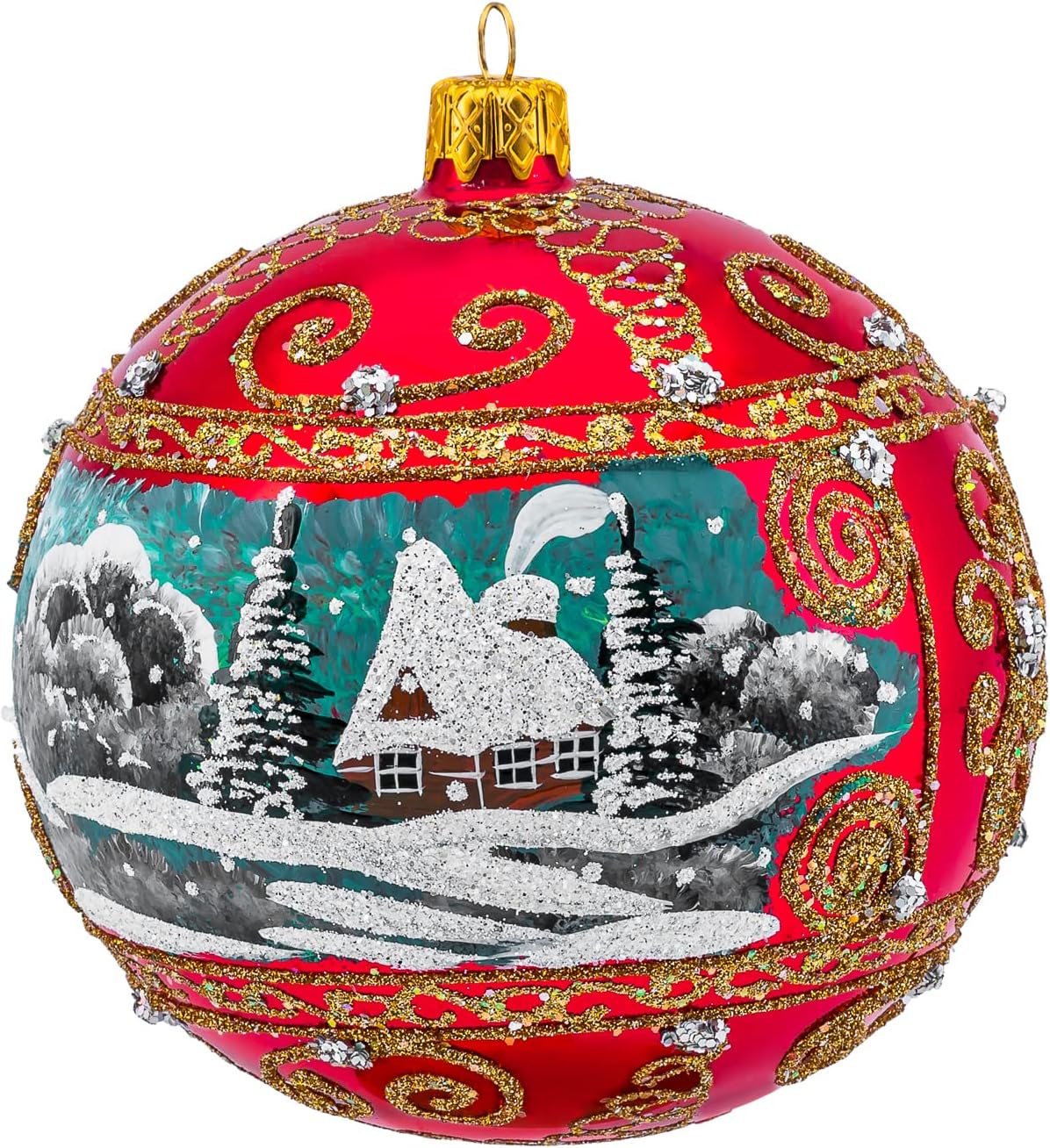 Polish Gallery Christmas Ornament, Winter Countryside Scenery, Blown Glass Ball 5-inch (Glossy Red)