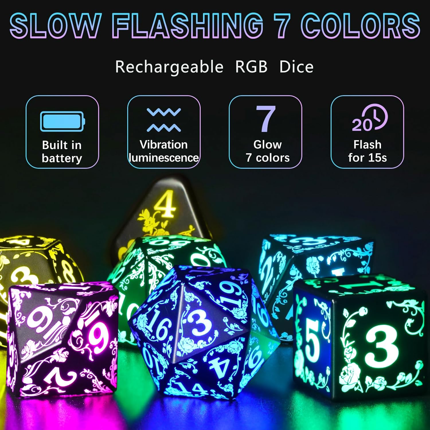 Rechargeable Light up DND Dice Set with Charging Box for Role Playing Table Game Dungeons and Dragons