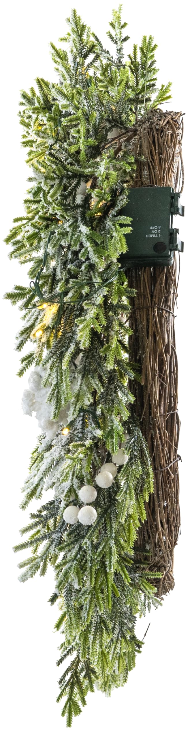 Red Co. Corona de Navidad artificial decorativa con luces nevadas de 30 pulgadas con bayas blancas, luces LED que funcionan con pilas y temporizador