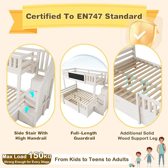 Bunk Beds for Kids, Staircase Bunk with Under-bed Drawers and Chalkboard, Children's Bed, Double High Sleeper Bed for Family with Multiple Children, 90/135 * 190 cm, White(No Mattress)