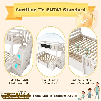 Bunk Beds for Kids, Staircase Bunk with Under-bed Drawers and Chalkboard, Children's Bed, Double High Sleeper Bed for Family with Multiple Children, 90/135 * 190 cm, White(No Mattress)