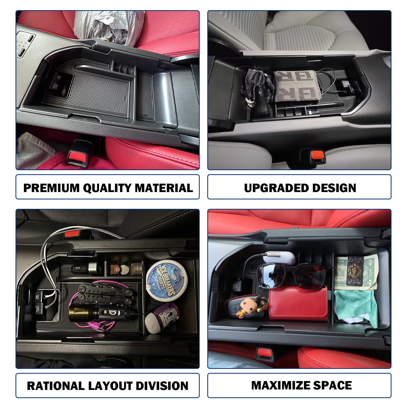RUNROAD Center Console Organizer Compatible with Toyota Camry XLE XSE 2018-2023 and Camry LE SE 2020 2021 2022 2023 Accessories, Armrest Insert Tray Secondary Storage Box Fit 2 USB Ports, Black