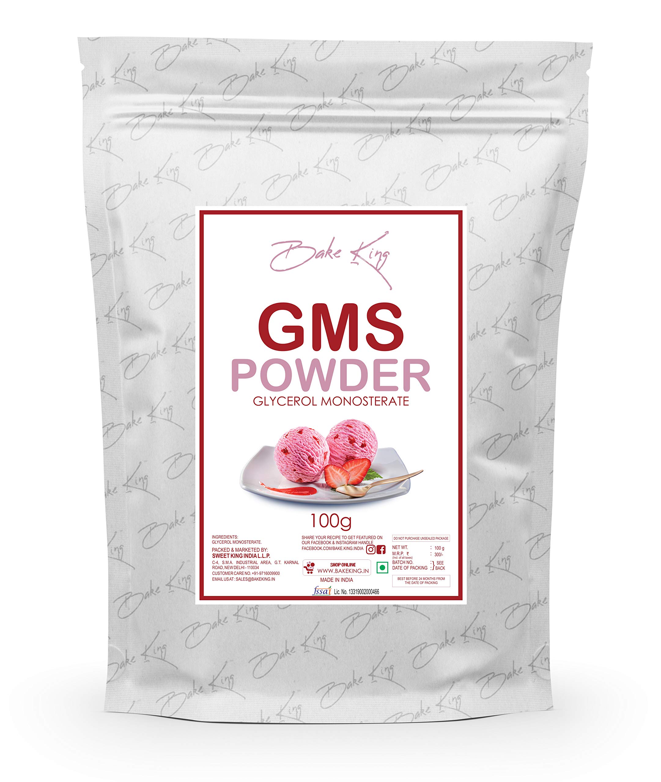 BAKE KING GMS Powder (Glycerol Monostearate) 100G for Ice Creams | Food Grade | Soft, Smooth and Creamy | Raising Ingredient Powder | Instant Ice Creams That Improves Texture & Softness