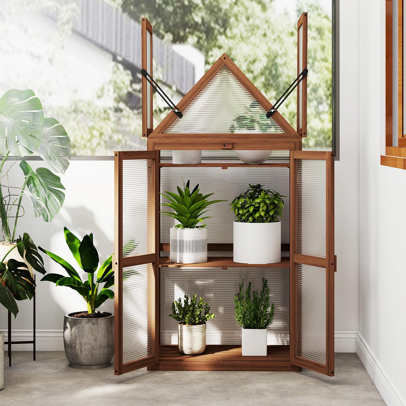 GOPLUS Mini Gewächshaus, 3-stöckiges Anzuchthaus, Treibhaus Holz, erhöhtes Pflanzenbeet mit transparentem Doppeltüren & aufklappbarem Dach, Frühbeet Tomatenhaus Aufzuchtschrank für Garten, Hof, Balkon
