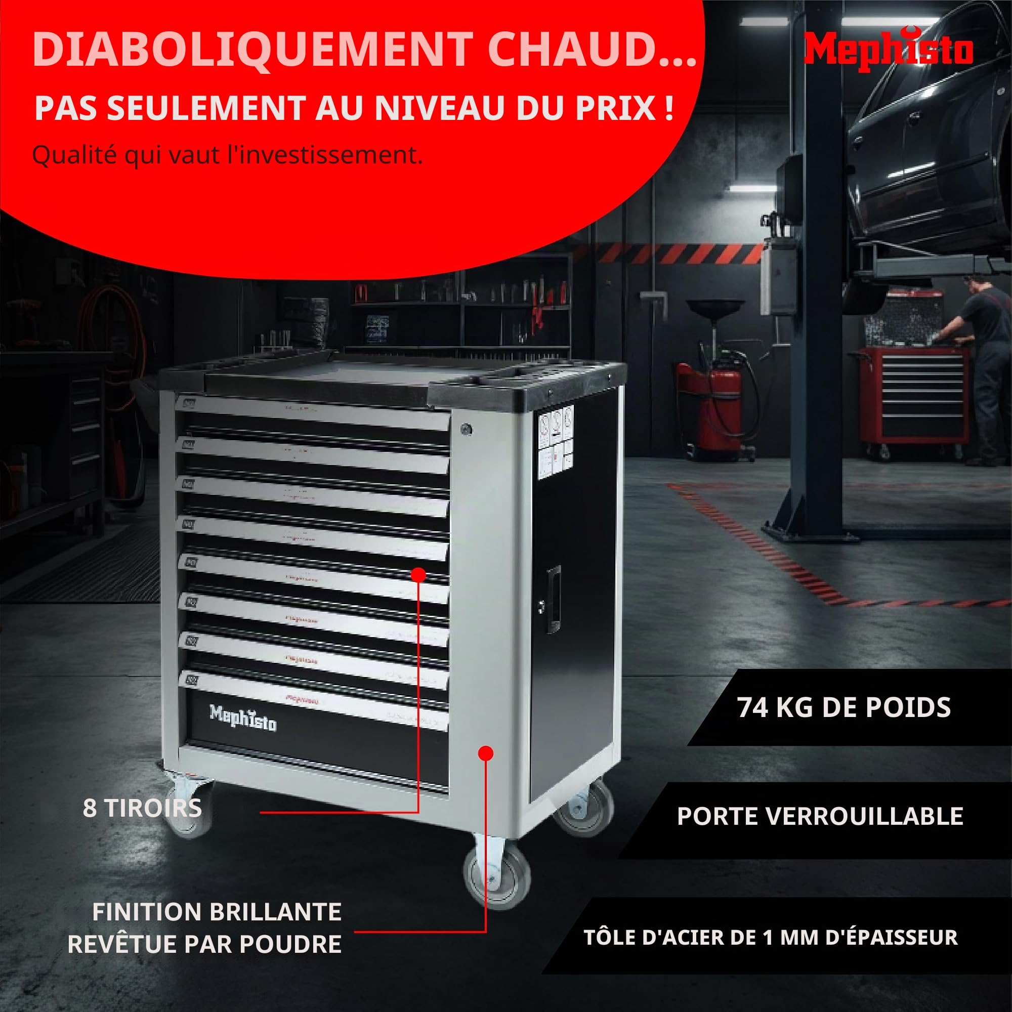Mephisto Chariot à outils XXL avec 8 tiroirs dont 8 outils tels que clés, cliquet avec boîte en noyer, jeu de clés à anneau, etc. en Soft Inlays in Carbon Lock