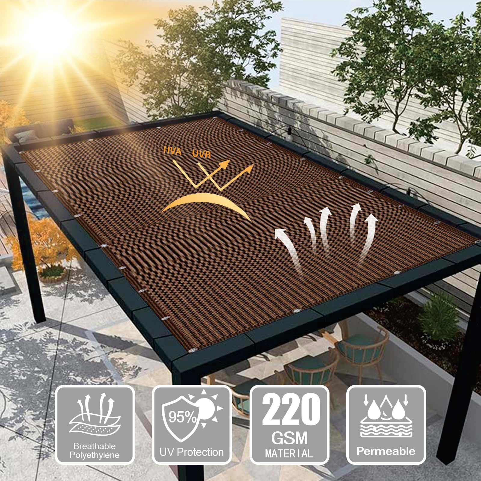 Siatka Cieniująca Z Oczkami 170 x 310 cm Oddychające HDPE – 95% Blokady Uv, 90% Zacienienia Siatka Cieniująca Z Oczkami Z Z Linką I Opaskami Kablowymi Do Ogrodu, brązowy