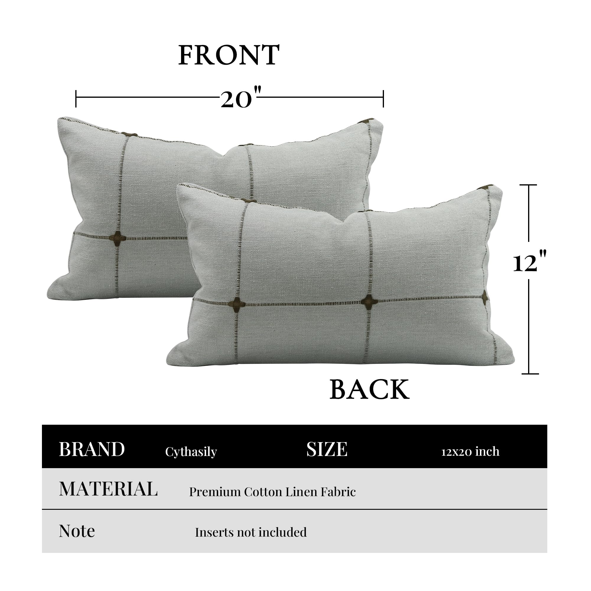 Cythasily Decorative Linen Cotton Pillow Covers Embroidery Plaid Lumbar Farmhouse Throw Pillows Cases Check Cushion Cover Sham for Couch Sofa Chair Bed Living Room Home Decor, 20×12 Inch 2 Pack Green