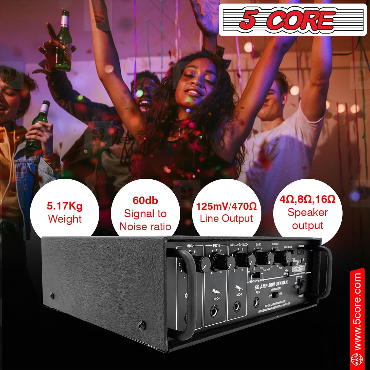 முன் view of the 5 Core AMP 30W-UTX-DLX amplifier showing controls and inputs.