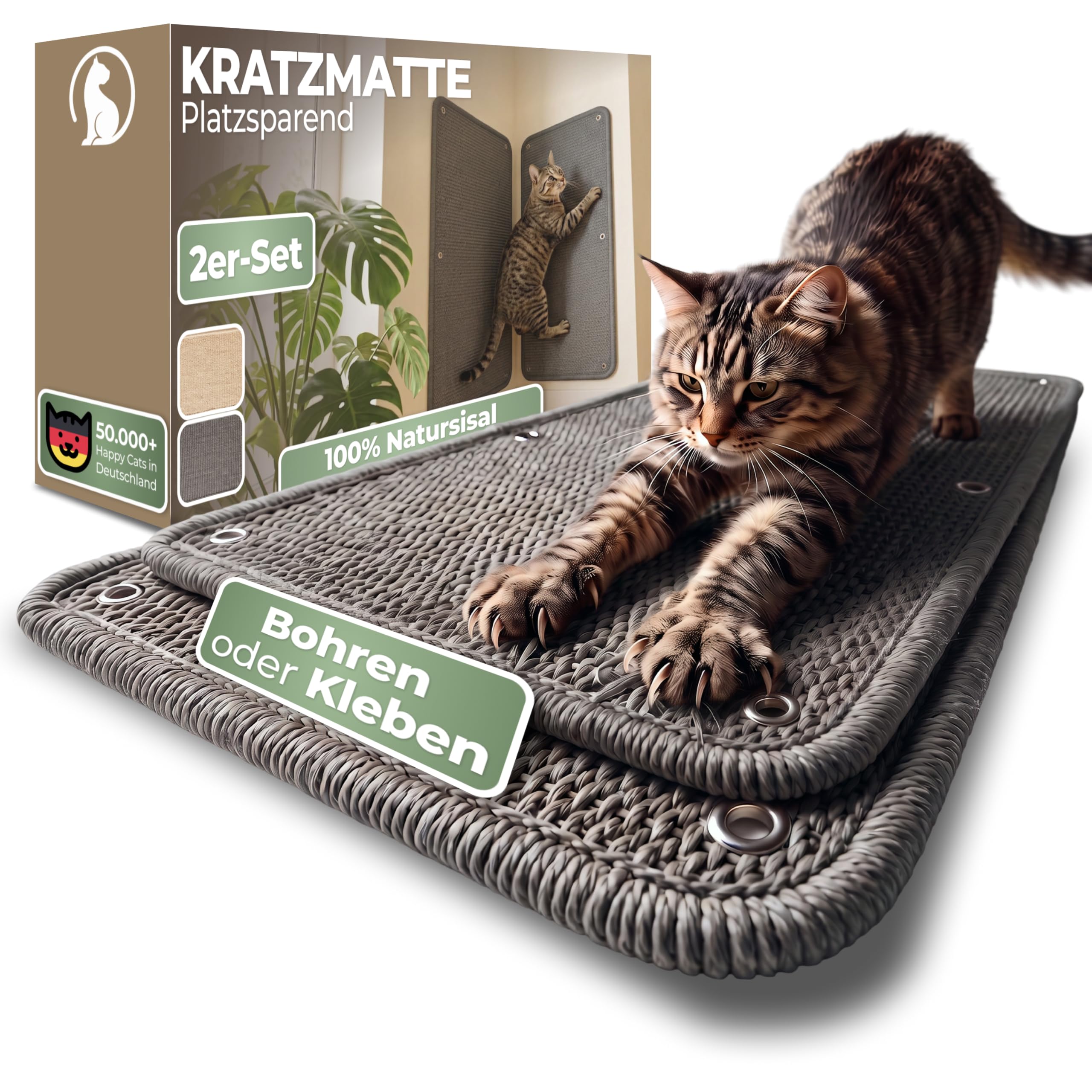 WOOWOOD Kratzmatte Katze für Wand 2er Set, 60x25 cm, Sisal, Grau | Sisal, 2er Set je 60x25 cm, Montage mit Schrauben und Dübeln, natürliche Krallenpflege, platzsparend, für Jung- und Altkatzen