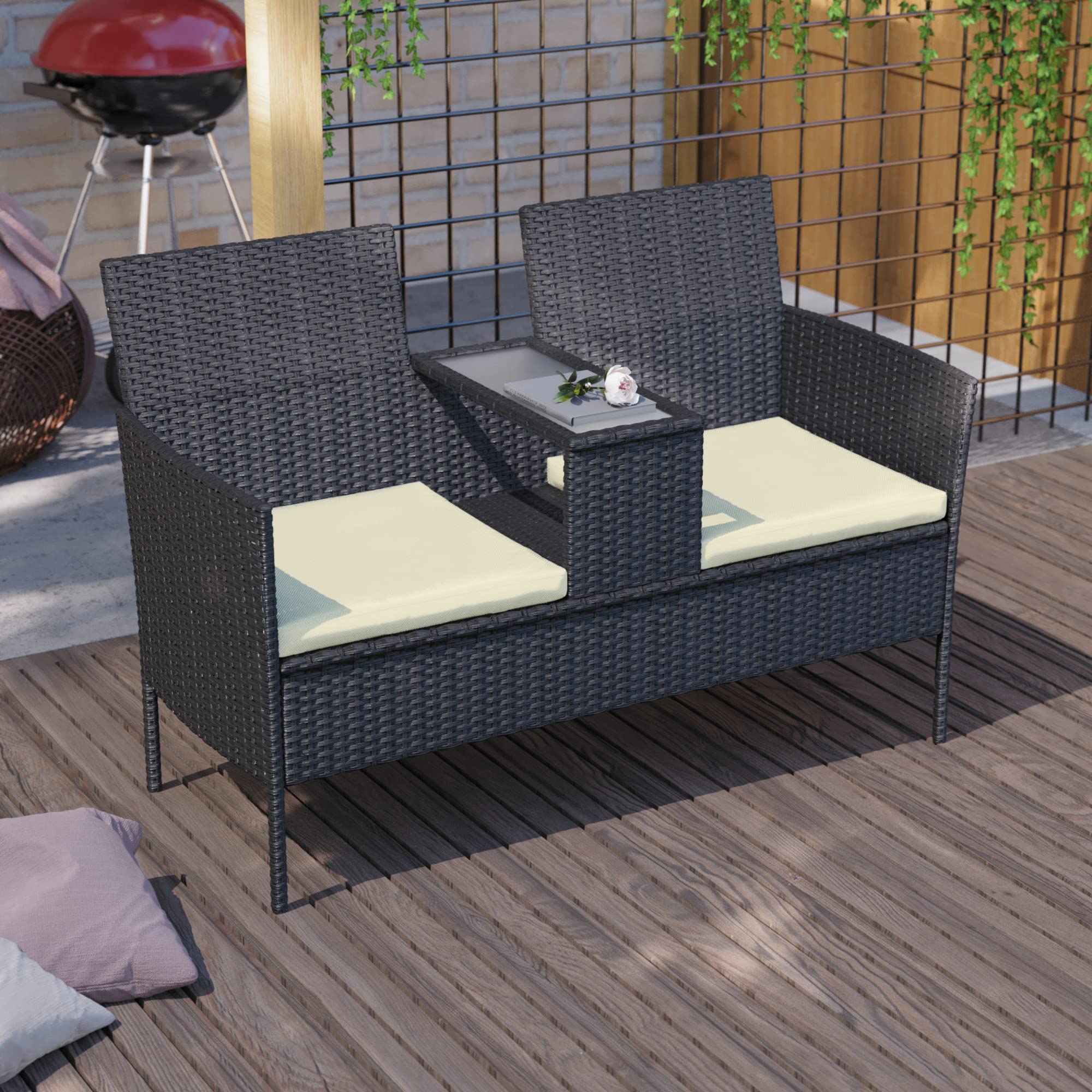 Garden Vida Vienna Love Seat Garden Outdoor Patio Furniture Rattan Wicker Water Resistant Summer 2 Seater (Black) (UKFR Certified) Garden Furniture