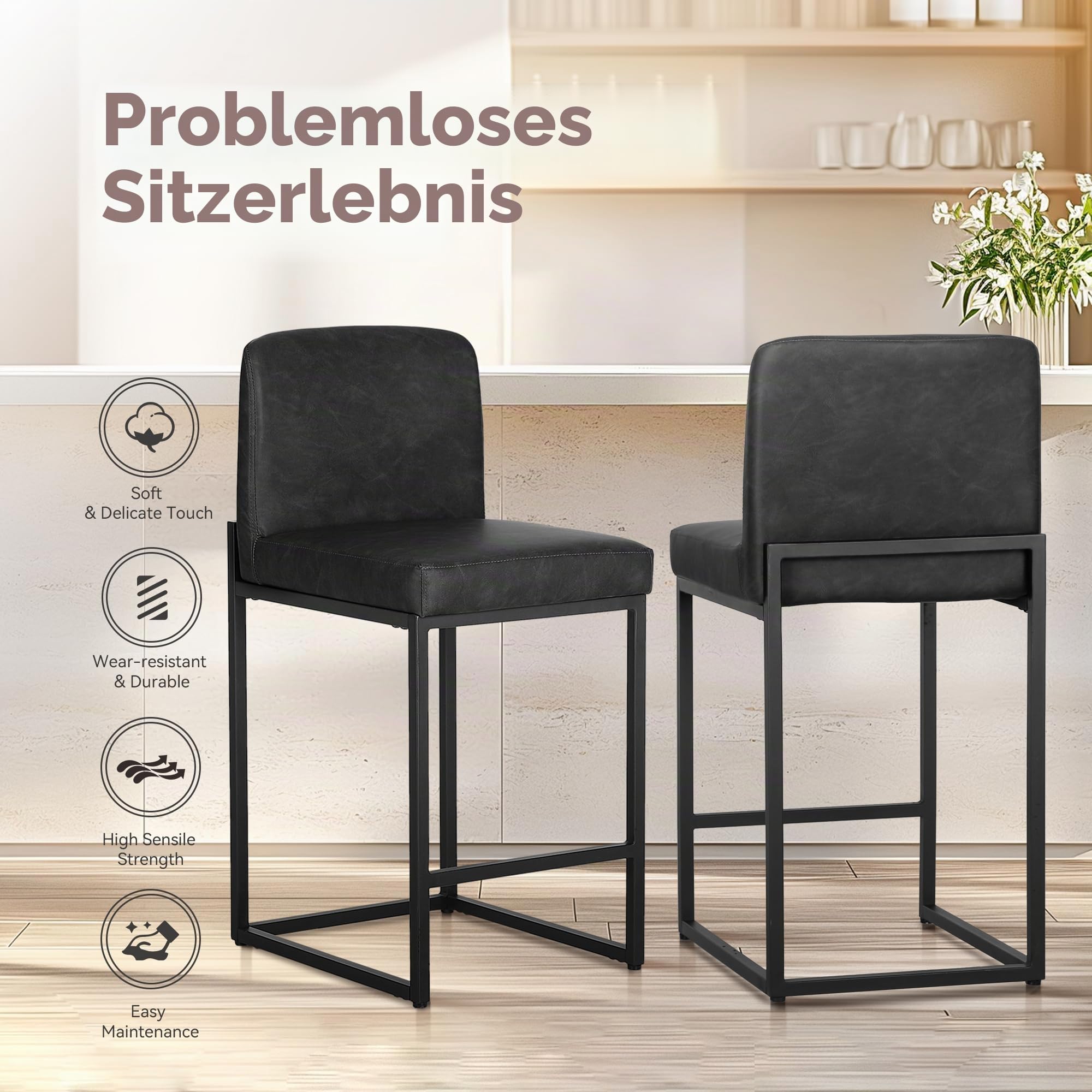 ALPHA HOME Barhocker 2er Set mit Lehne Pu-Leder Küchenhocker, Schwarz