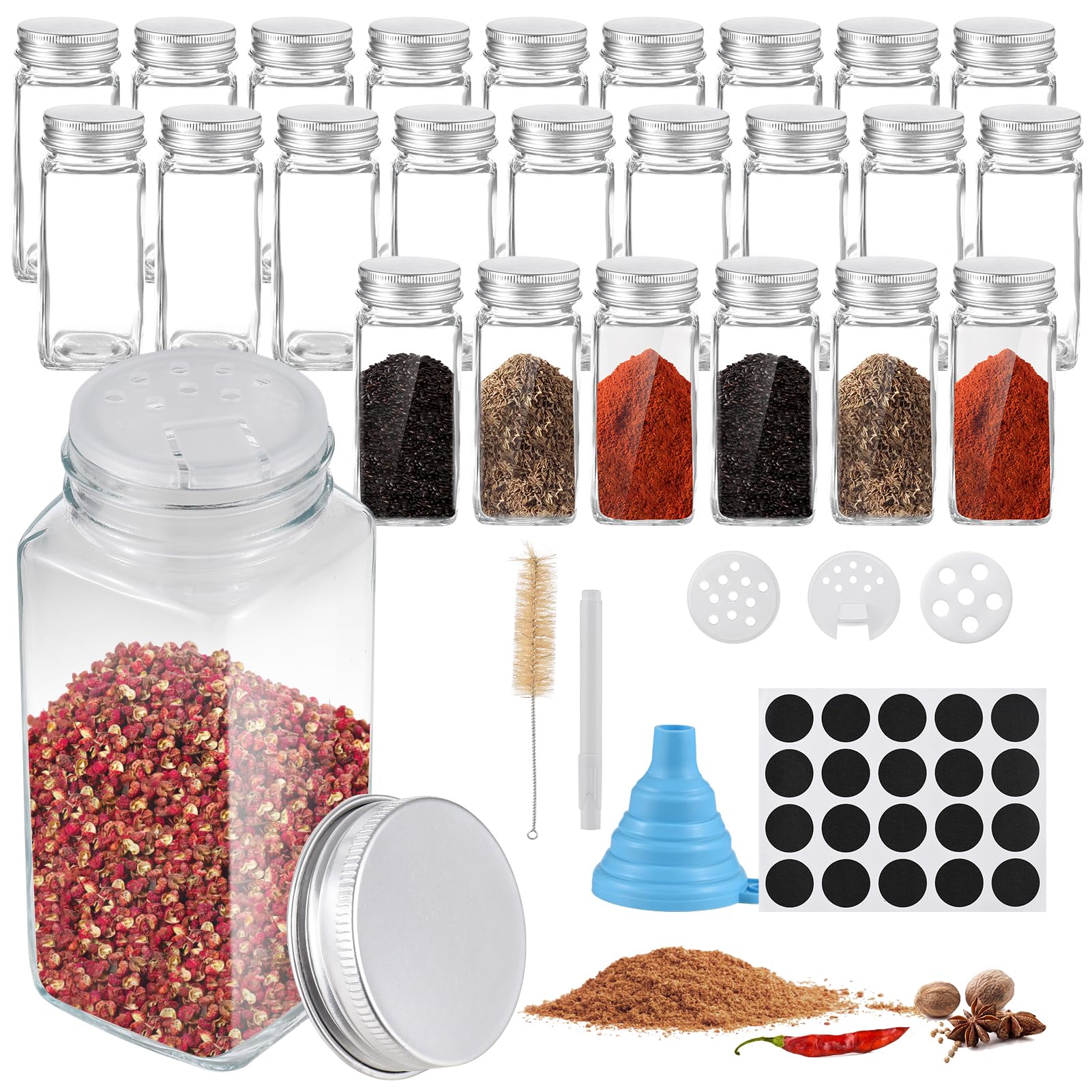 Aoresac 24 pcs Gewürzgläser, 120ml Gewürzdosen Eckig mit Silikon Trichter Reinigungsbürste Marker Bürste und 200pcs Gewürzetiketten (24)