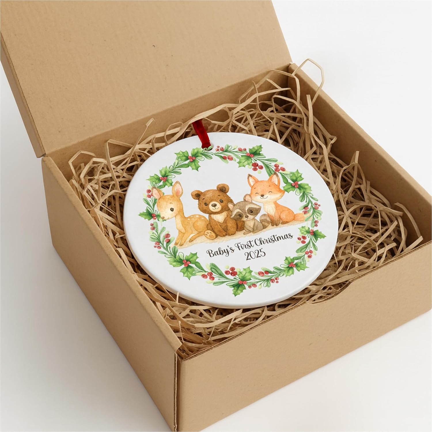 Baby's Frist Christmas Vintage Woodland Animals, Christmas Ornament 2025, 2 Sided Ceramic 3.5", Gift for Newborn Girl Boy - Image 5