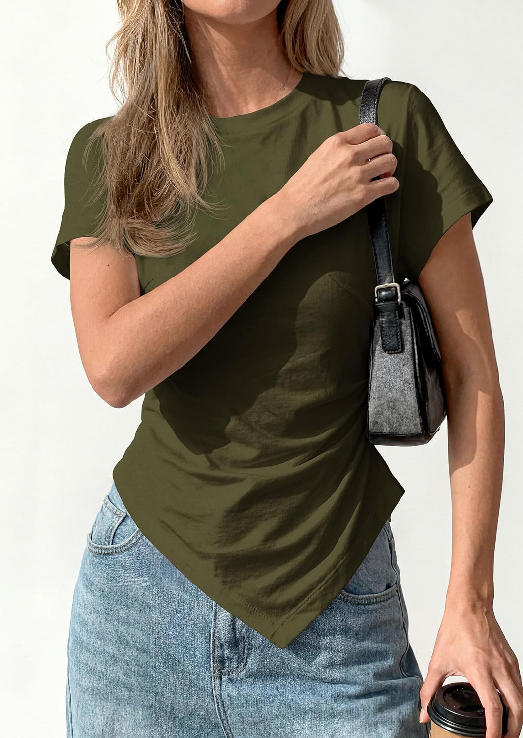 PRETTYGARDEN Womens Asymmetrical Tops 2026 Spring Summer Going Out Shirts Y2K Short Sleeve Crew Neck Ruched Trendy Clothes - Image 7