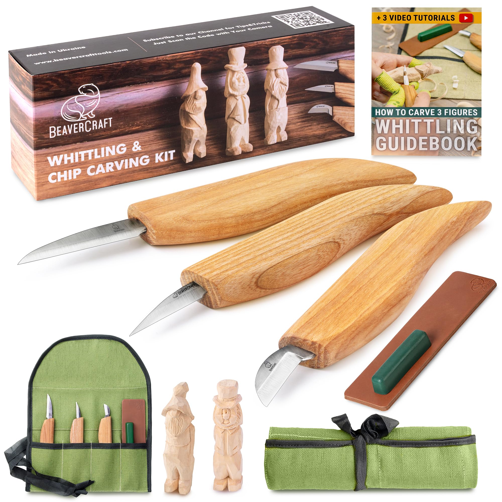 BeaverCraft Wood Carving Knife Kit S15 Whittling Kit for Beginners, Kids - Wood Carving Tools Set with Detail Chip Knife Sloyd Whittling Knives & Leather Strop, Polishing Compound and Tutorials