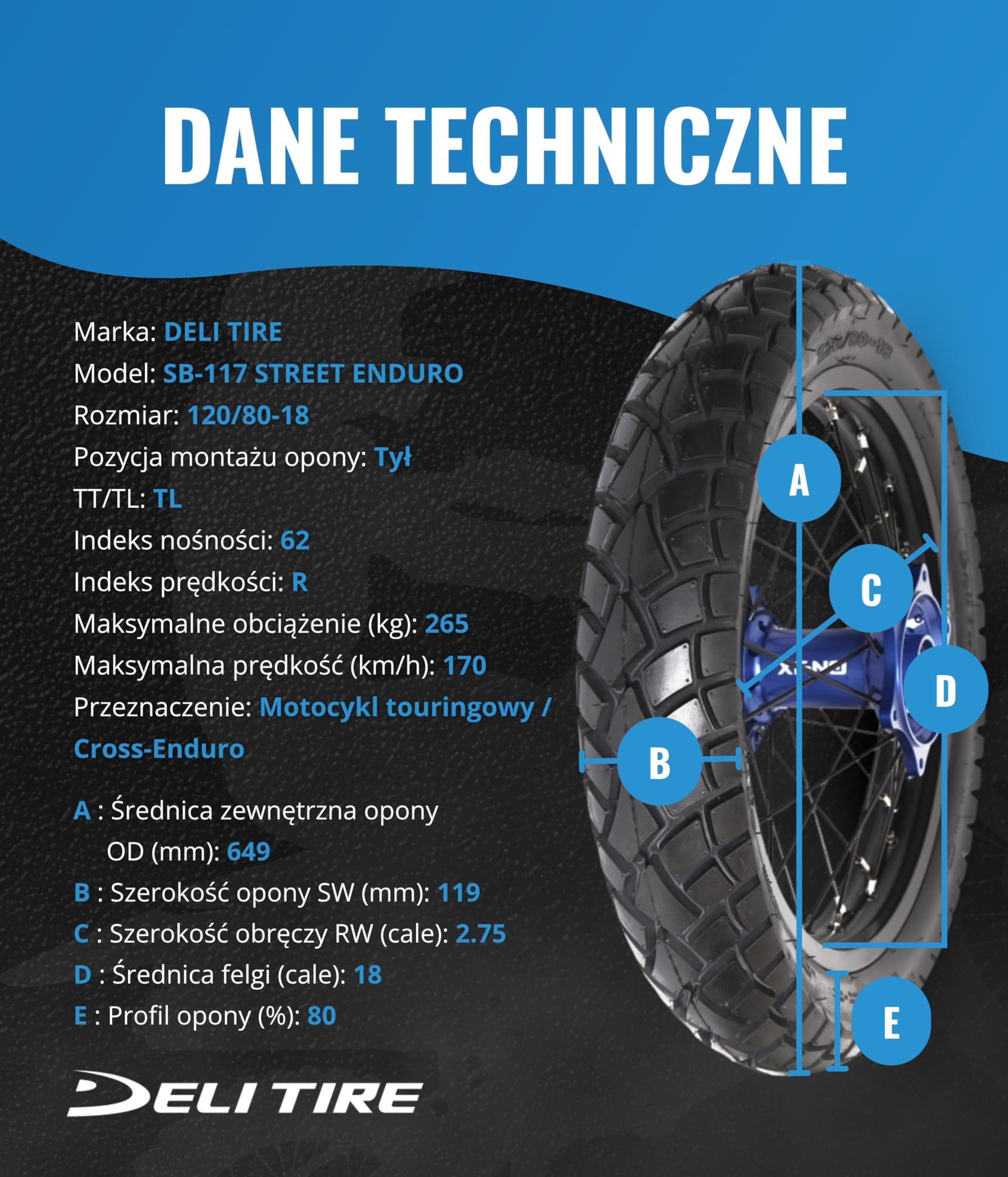DELI TIRE SB-117 STREET ENDURO DELITIRE SB-117 120/80 -18 62 R TL