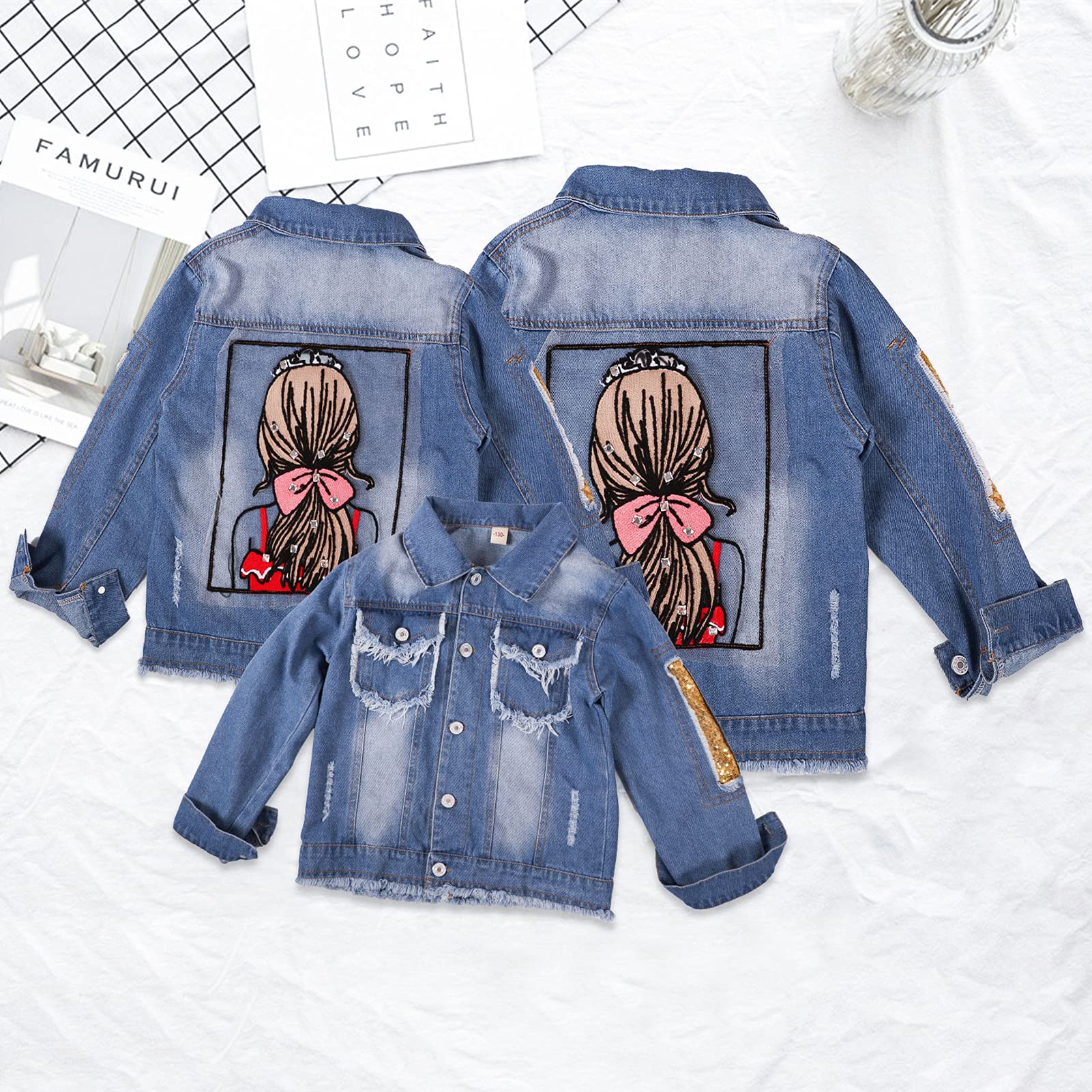 Veste Denim Enfant Fille Blouson Parka Mi-saison Manteau en Jean Enfant Imprimé de Dos de Fille pour Printemps Automne