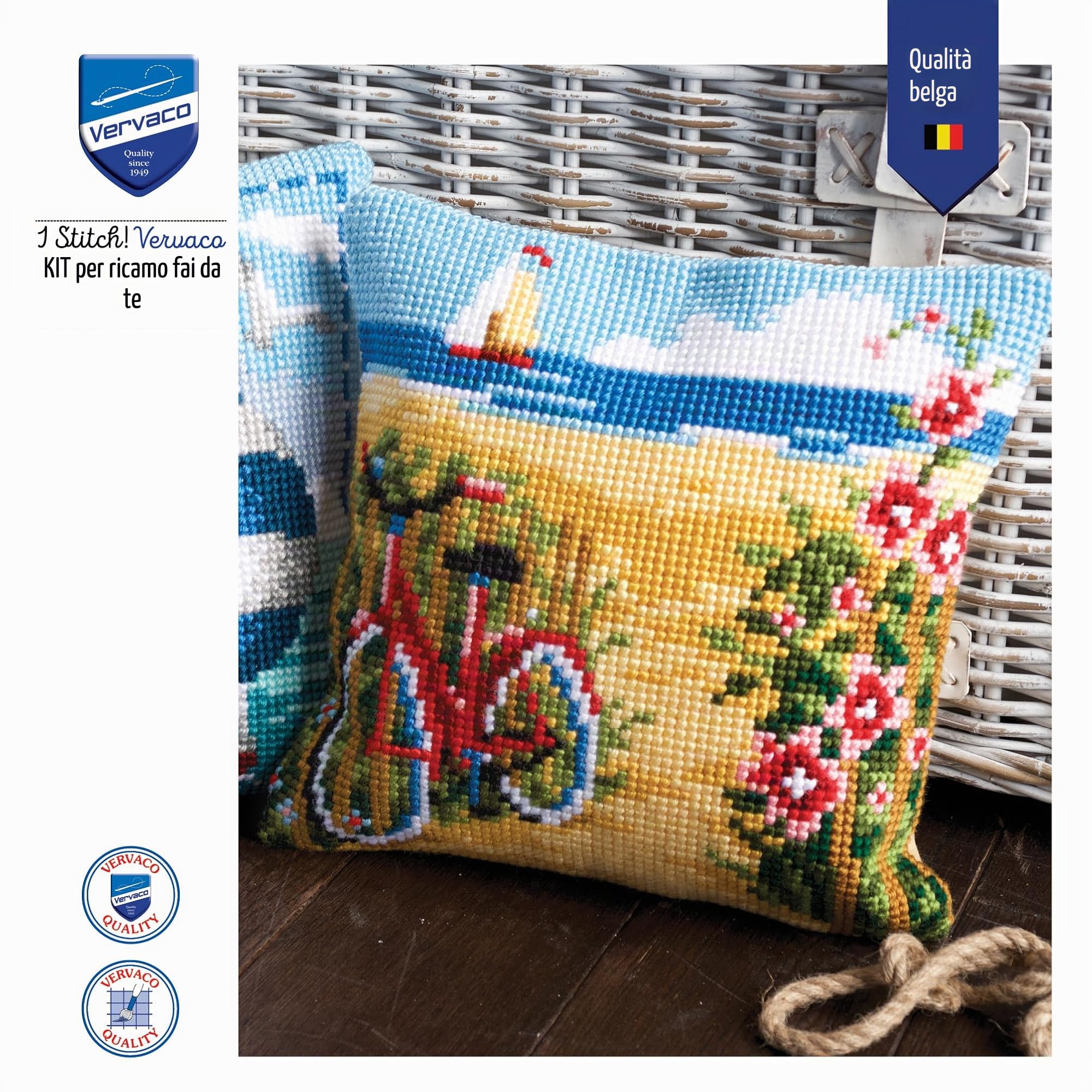 VERVACO Kit Cuscino Punto Croce in Spiaggia Set Ricamo Principianti Cuscini Gobelin Decorativi ca. 40 x 40 cm Accessori per Lavoretti Creativi DIY Casa Decor Hobby Adulti Cross Stitch
