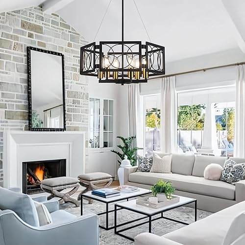 Miniatura 4 de Candelabro moderno de 22.8 pulgadas, lámpara colgante de color negro y dorado, 6 luces, grandes candelabros industriales de metal para comedor, sala