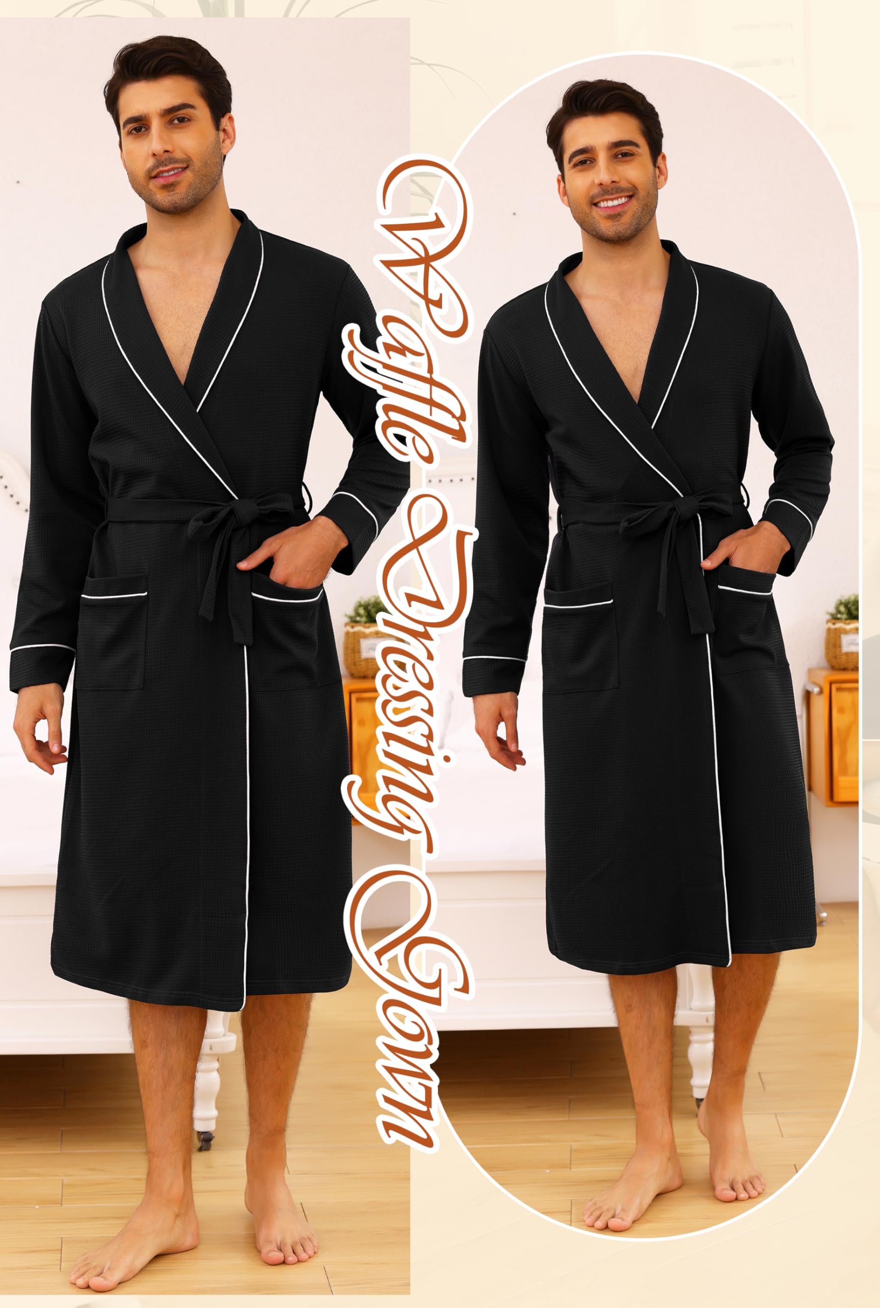 Vlazom Peignoir Homme en Coton Waffle à Col Revers Robe de Chambre avec Poches, Ceinture et Finitions Contrastées
